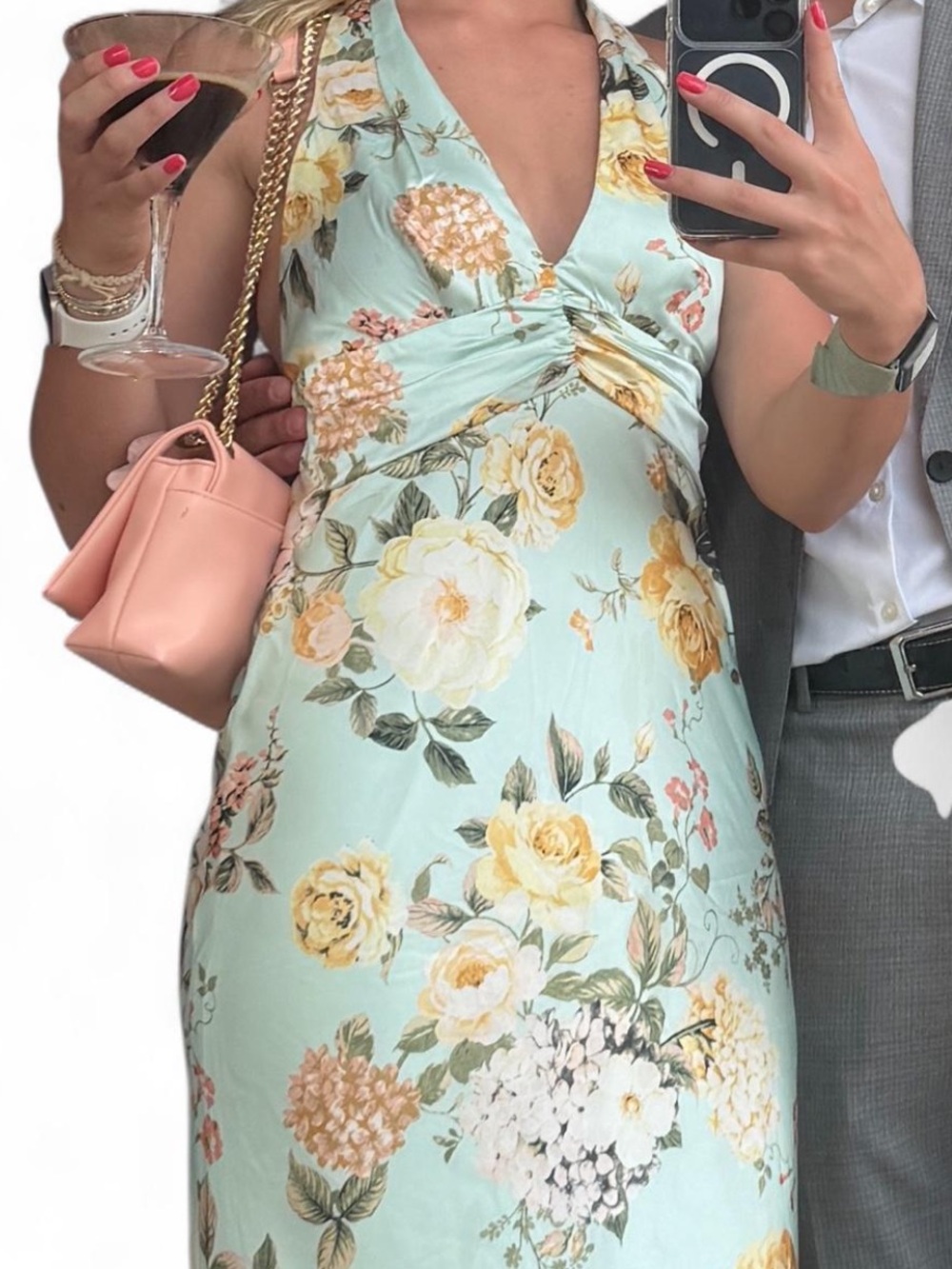 Macy's Mint Floral Halter Wedding Guest Dress